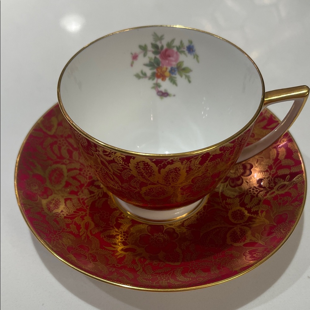 Elegant Red and Gold Floral Teacup and Saucer Set